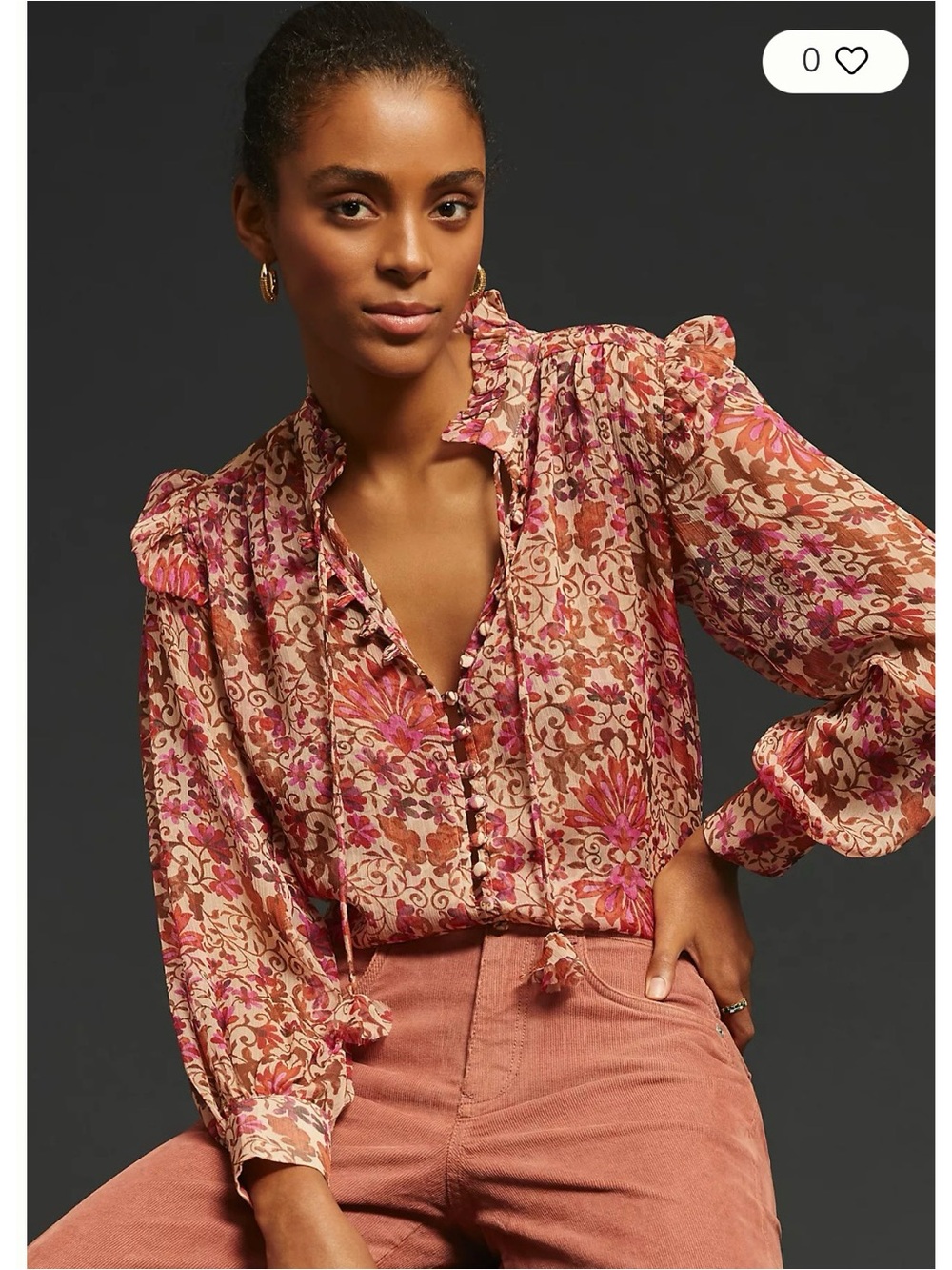 Woven Floral Print Peasant Blouse - Pink/Brown